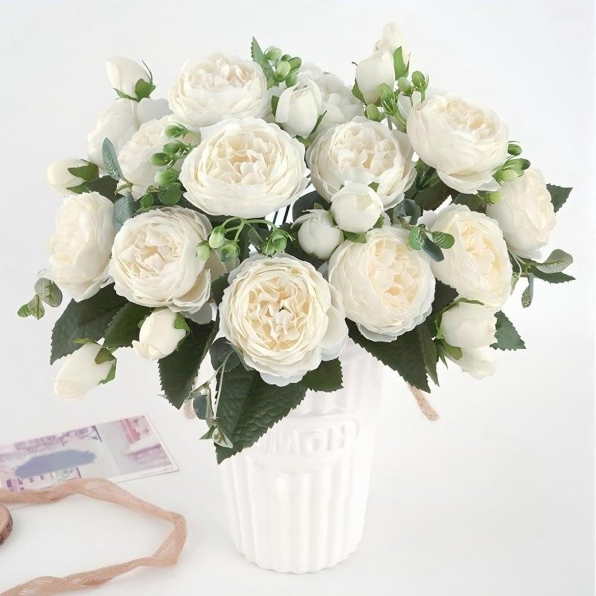 Set van 3 witte Real Touch kunstpioenrozen van zijde voor huisdecoratie