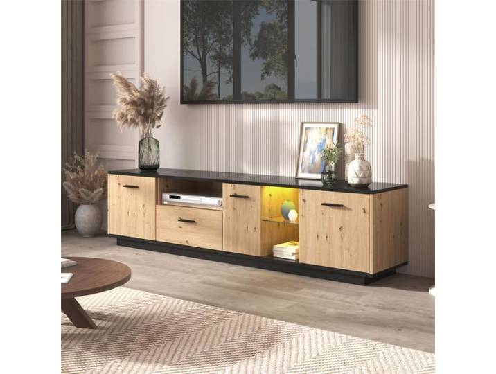 Meuble TV LED - TV-Board - 180x40x45cm - Noir et bois - 1 tiroir - 3 portes
