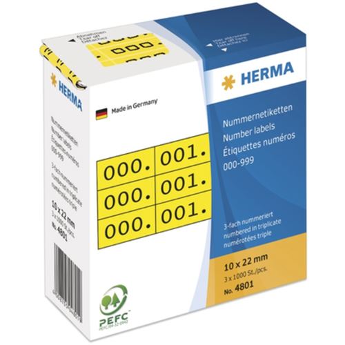 Herma 4801 gelb/schwarz selbstklebend 3fach Nummernetiketten 1x2.2 cm (3000 Stück (000-999))