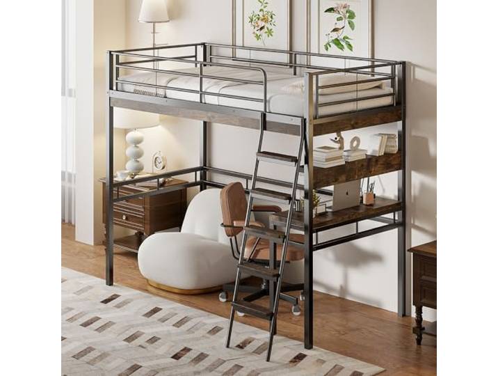 SOFTWEARY Hochbett mit Lattenrost, Schreibtisch, Regal und Rausfallschutz, 90x200 cm, Kinderbett, Jugendbett, Metallbett