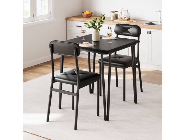 Ensemble Table à Manger 2 Personnes Noir - Table Carrée & 2 Chaises Rembourrées Idéal Studio & Appartement