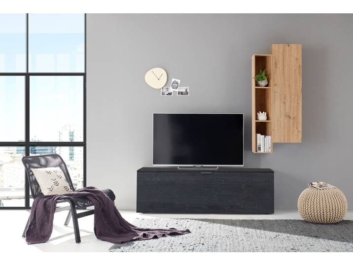 Kommode MÄUSBACHER Debra , schwarz (flamed wood schwarz), B:162cm H:35cm T:42cm, Sideboards, Kommode