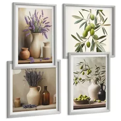 BILDER SET 4er Set - 50x50 cm & 40x60 cm Silberner Rahmen - Blumen in Vasen als Dekoration