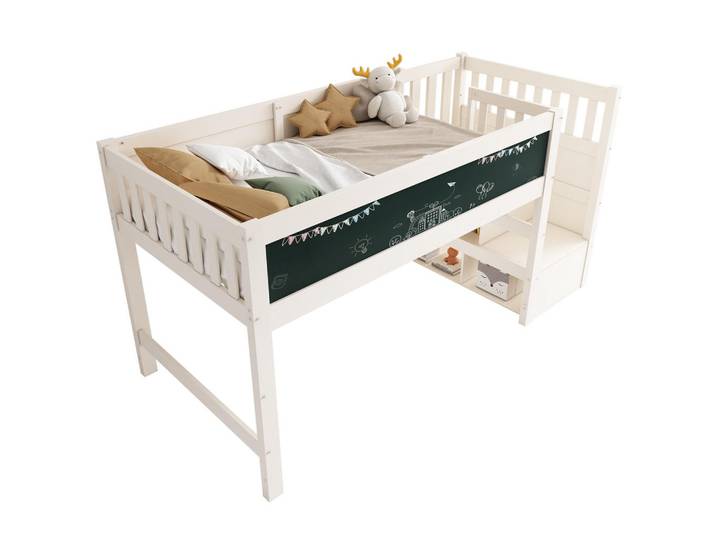Stilvora Hochbett 90/200 cm in Weiß mit Ablagefächern, Schreibtafel und Treppe, 90x200 cm, Babymöbel & Kindermöbel, Kinderzimmer & Jugendzimmer, Kinderbetten, Hochbetten