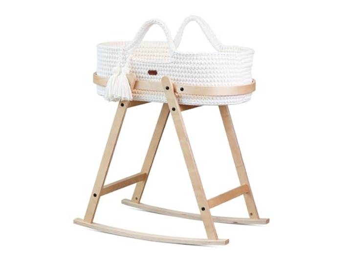 LIINI® Babywiege mit Moseskorb – sanfte Wiegebewegung, handgehäkelt, nachhaltiges Holzgestell, inkl. Matratze & Zubehör – ab Geburt bis 9 kg – Farbe Cream