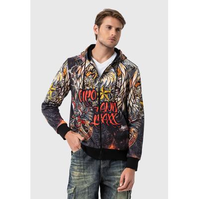 Strickpullover CIPO & BAXX "Cipo & Baxx Sweatjacken", Herren, Gr. L, bunt (schwarz), Obermaterial: 50% Baumwolle CO. 50% Polyester PES., regular fit, Pullover Strickpullover, mit Allover-Print
