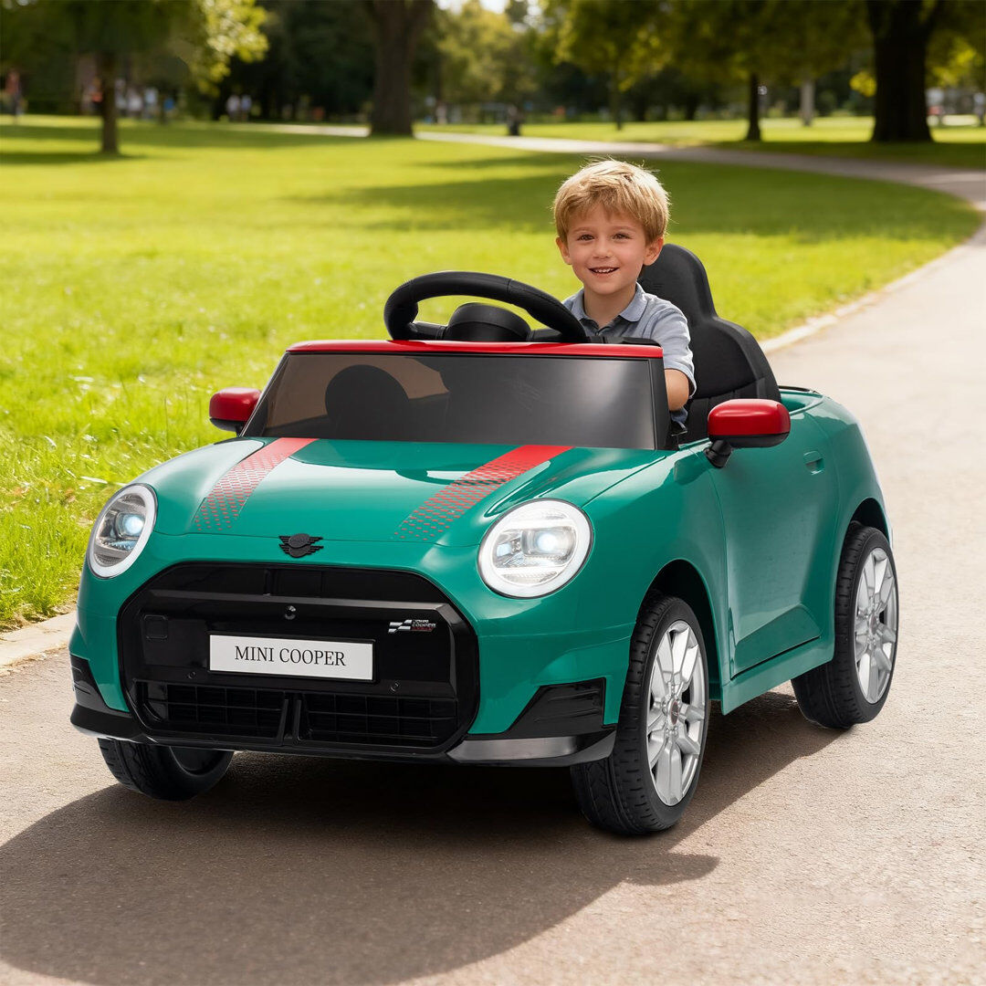 ZACOO MINI COOPER 12V Kids Electric Ride On Car with Remote, Bluetooth, MP3, LED Lights, 2 Modes, Twin Motors, 3‑6km/h, 30KG Load for Ages 3+, SX3518 Green