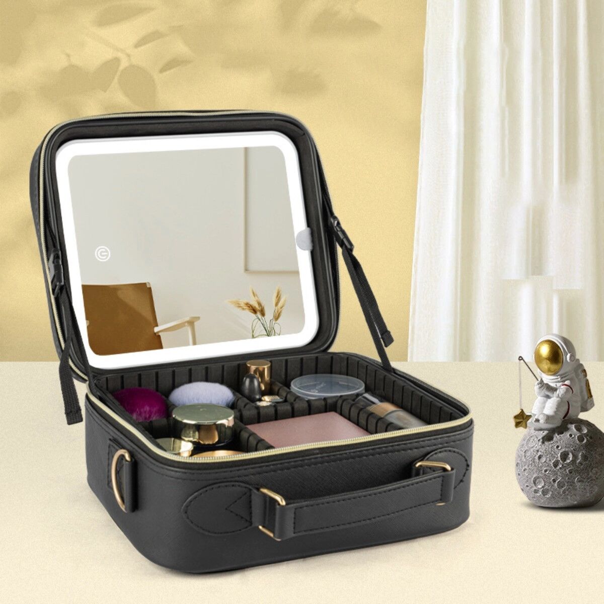INF LED-Make-up-Tasche mit integriertem Akku, USB-aufladbar, einstellbarer Farbtemperatur und abnehmbarem Spiegel – Großer Schwarz