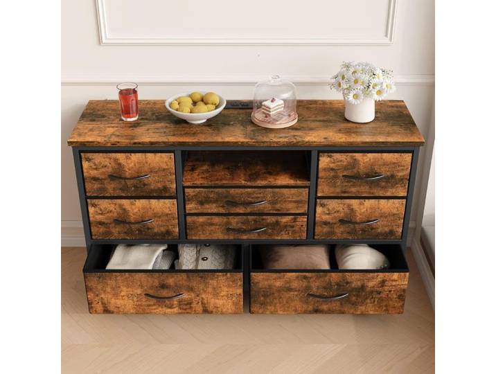 Commode - PROMIRACAL - PROMIRACAL - 8 tiroirs (3 tailles) - 3 prises CA & 2 USB - Marron 120x36x75 cm