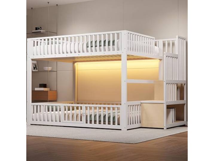 BTM Etagenbett 140 x 200cm Bunk Bed Jugendbett mit Treppe, LED und Leitplanke Stockbett für 2 Kinder Weiß, ohne Matratze
