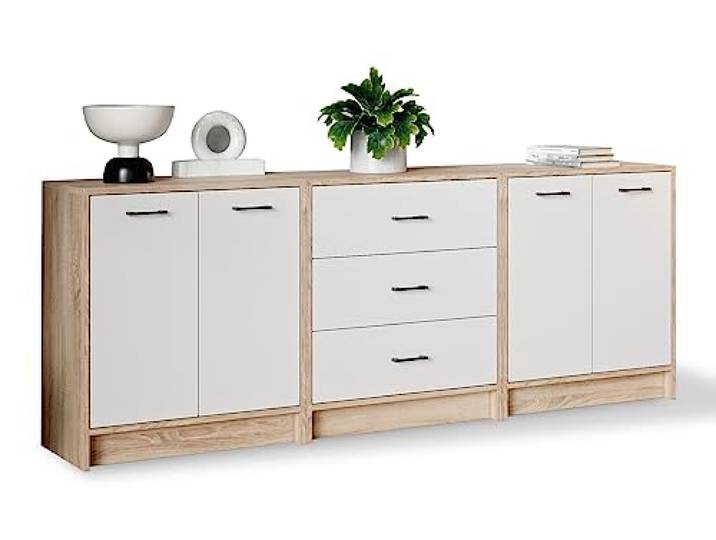 Meble Pitus Kommode Weiß Sonoma Eiche 210 cm Sideboard Wohnzimmer Set 3-teilig mit Schubladen Kommode mit Türen Sideboard Holz Schlafzimmer Kommode Flurschrank Möbel Set