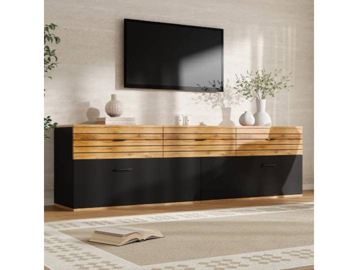 Ropilly TV Schrank 168 cm Holz Schwarz Fernsehtisch für 65 Zoll Lowboard mit 3 Schubladen und 2 Klapptüren, attraktives Wellenmuster, bis 50 kg belastbar.