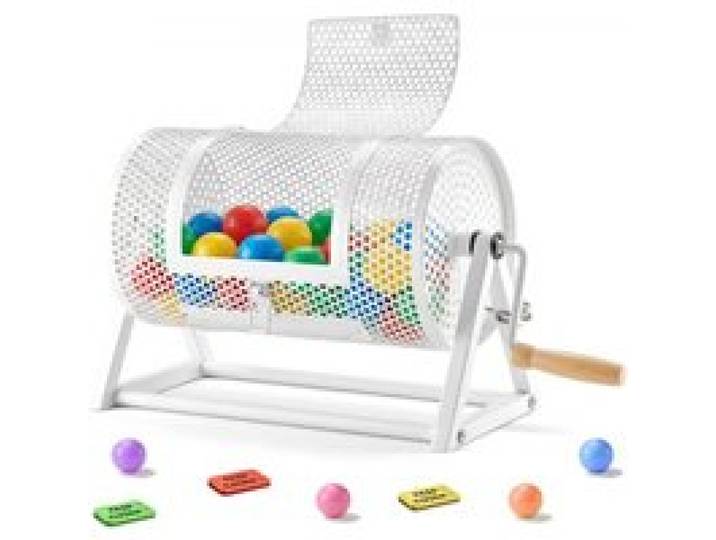 VEVOR Tombola Trommel, 295xØ167mm, Lostrommel mit Fassungsvermögen von 2500 Lose oder 100 Lotteriebälle, Gewinnspieltrommel mit Kurbel & Dreiecksständer, für Veranstaltungen & Feiern, Weiß
