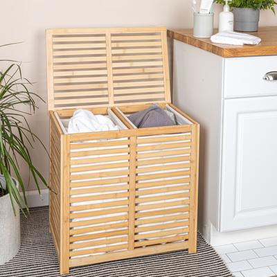 "Household Essentials Bamboo and Cotton Double Laundry Sorter with Lid and Removable Bags - 23.6""L x 15.8""W x 22.8""H"