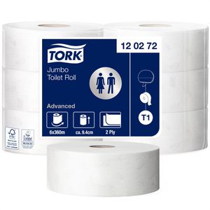 Tork Toilettenpapier Jumbo Advanced, 120272, T1, 2-lagig, Recyclingpapier, 360 m, 1800 Blatt, 6 Rollen