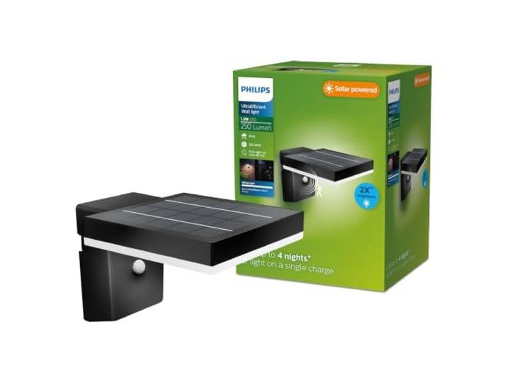 PHILIPS Outdoor Ultra-Efficient Solar Zonal Wandleuchte 1.3W, Tageslicht- und Bewegungssensor, eckig, 3000 Kelvin, energiesparend, schwarz