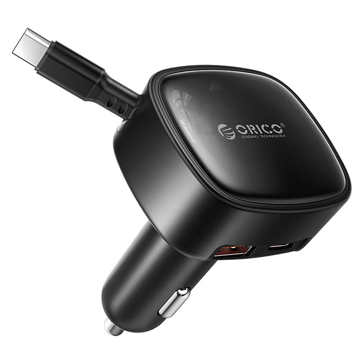 Orico FC-66-1A2C 66W Kfz-Ladegerät mit integriertem, einziehbarem USB-C-Kabel - Schwarz (6942886200379)