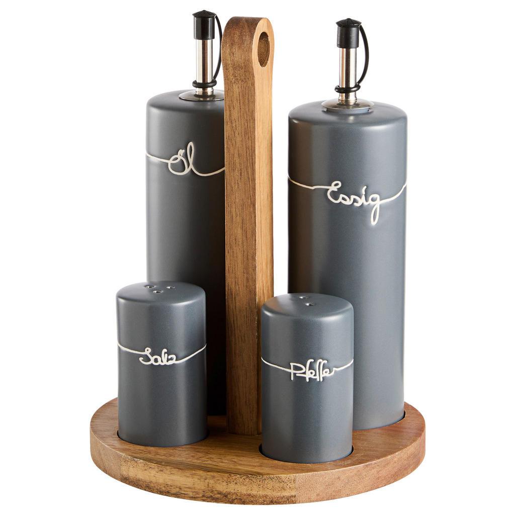 Homeware Profession. Menage-Set , Grau , Holz, Metall, Kunststoff, Keramik , 5-teilig , Akazie , vollmassiv , Lfgb , Geschirr, Tischkultur & Serviergeschirr, Essigspender & Ölspender
