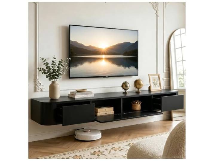 KSYGINXD 300cm TV Schrank, TV Lowboard Mit 2 Schubladen, 2 Klappe,TV Board Hängend, Fernsehschrank Für Das Wohnzimmer, Massivholz, Komplett Montiert