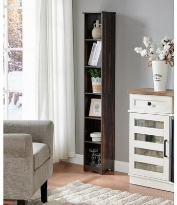 K&B Furniture InRoom Designs Tall Narrow Corner Bookshelf, Freestanding 6-Tier Open Storage Bookcase with Slim Space-Saving Design