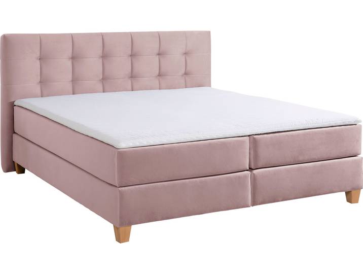 Boxspringbett, Lila, 214x231 cm, Samtstoff, Mit Topper & 3 Härtegrade, Klassisch, Home-affaire