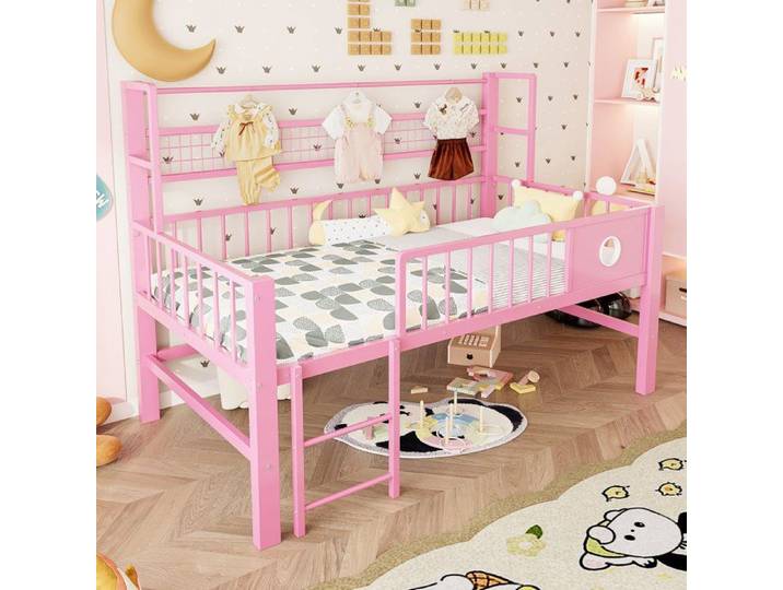 Lit Mezzanine 90x200 Fille - Lit Haut Enfant Rose Garde-Corps Sécurité Espace de Jeu Dessous Porte-Vêtements Étagère Filet