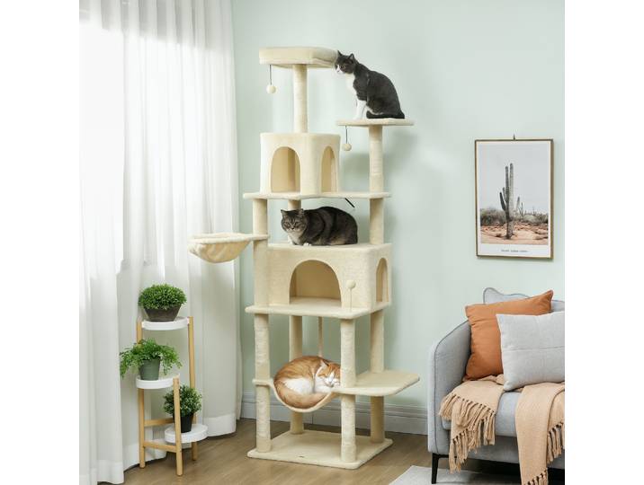 PawHut Arbre à Chats 202cm Beige avec Plateformes et Cavernes