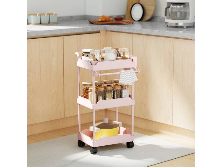 HOMCOM Chariot Cuisine 3 Niveaux avec Paniers Amovibles Rose