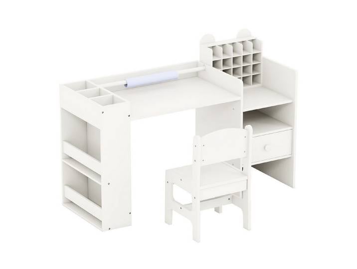 KOMFOTTEU Kinderschreibtisch, mit Stuhl, Schublade, Ablagen & Cubby-Schrank