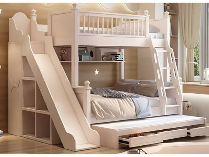 Xlmoebel Etagenbett XLMOEBEL Etagenbett Holz weiß mit Rutsche und Schubladen (Etagenbett, 1-St., Etagenbett mit Rutsche und Schubladen), Made in Europa