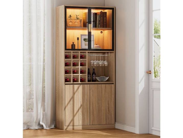 MEULVA Armoire haute vitrine 80 x 40 x 180 cm avec LED porte-bouteilles et support à verres MDF naturel