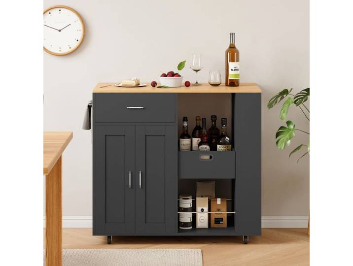 Trolley Cuisine Mobile Rangement Multifonctionnel – Armoire Tiroirs Étagères Épices Plateau Bois Roulettes 360° Noir