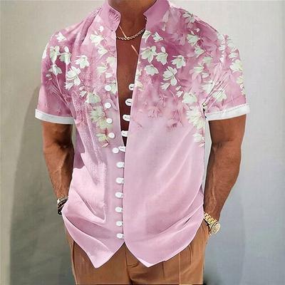 Herren Kokospalme Tropische Pflanzen Sommer Hawaiihemd Alohahemd Stehkragenhemd Kurzarm Hawaiianisch Urlaub Strandbekleidung Sommer Frühling Mandarinkragen 3D-Druck Button-Down-Hemden Rosa Blau