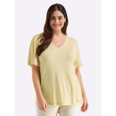 T-Shirt SHEEGO "Kurzarm-Shirt", Damen, Gr. 48/50, gelb (vanille), 95% Viskose, 5% Elasthan, unifarben, V-Ausschnitt, Shirts T-Shirt