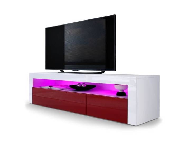 Vladon Meuble TV bas Valencia en Blanc mat - Bordeaux haute brillance - Blanc haute brillance