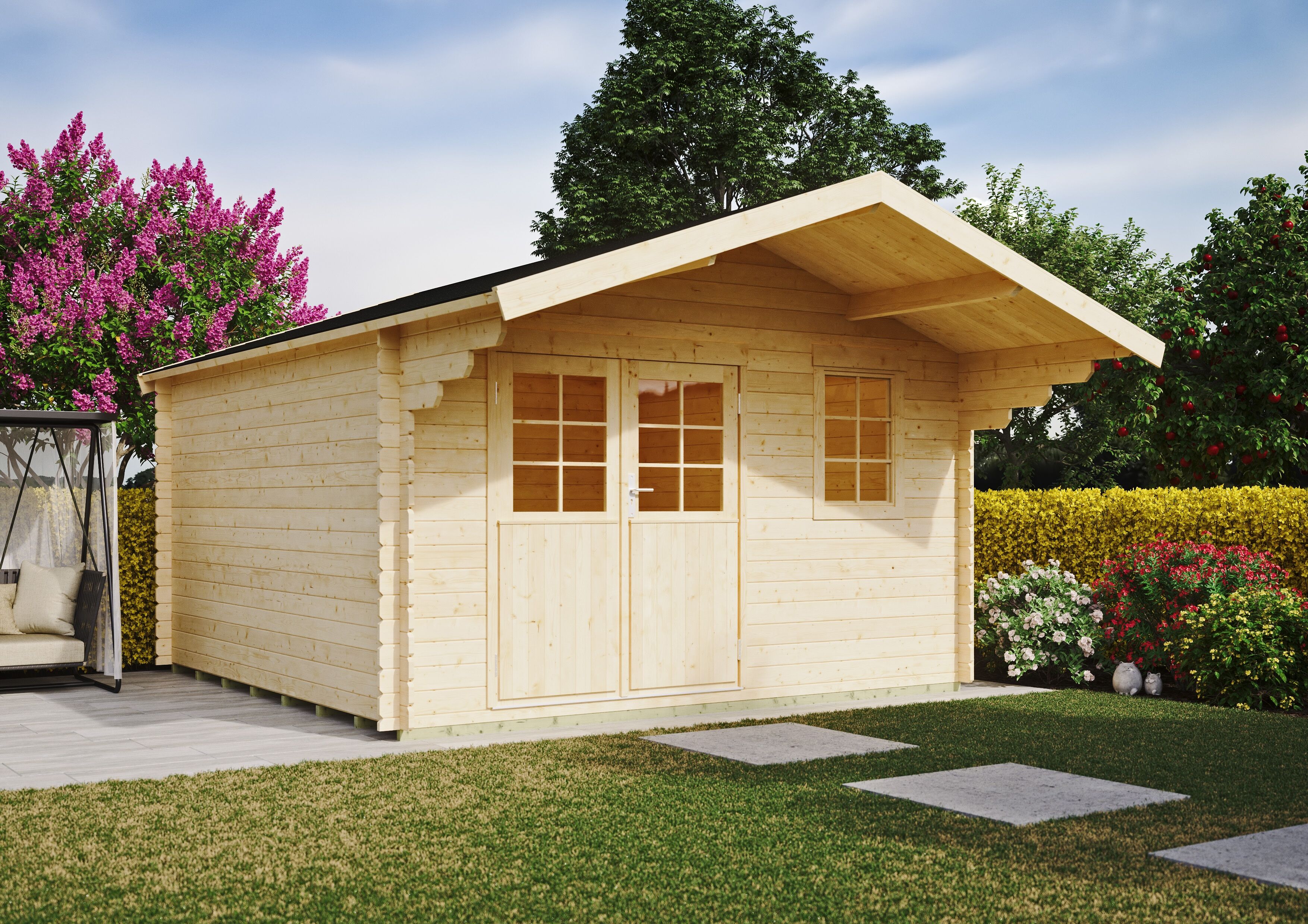 Gartenhaus KONIFERA "Kallenberg 3", beige (naturbelassen), Fußboden im Gartenhaus, Dachschindeln, Holzwerkstoff, Gartenhäuser, Gartenhaus