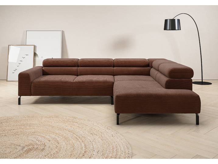 Ecksofa, Braun, 276x219 cm, Cord, L-Form & Kopfteilverstellung, Modern