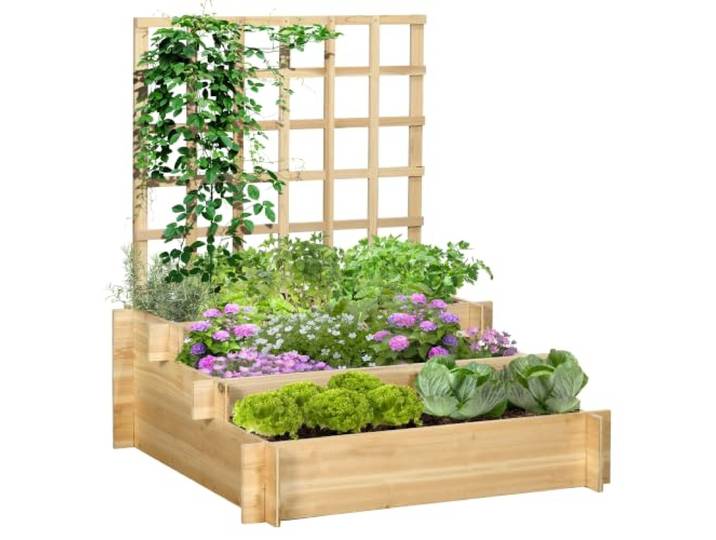 Outsunny Carré Potager Jardinière à 3 Étages avec Treillis Bois Naturel Lit Surélevé sans Fond\, pour Plantes Grimpantes\, Légumes\, Fleurs