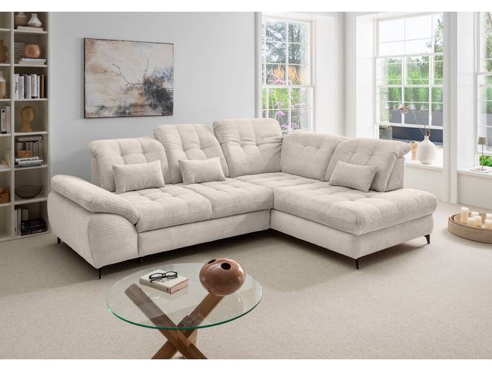 Ecksofa GOODPRODUCT Delphino modern & bequem, Multifunktionen: Bettfunktion, 288cm , beige (silber, zierkissen silber), B:255cm H:94cm T:216cm, 93% Polyester, 7% Polyamid, Sofas, Ecksofa, zwei verschiedene Fussfarben wählbar