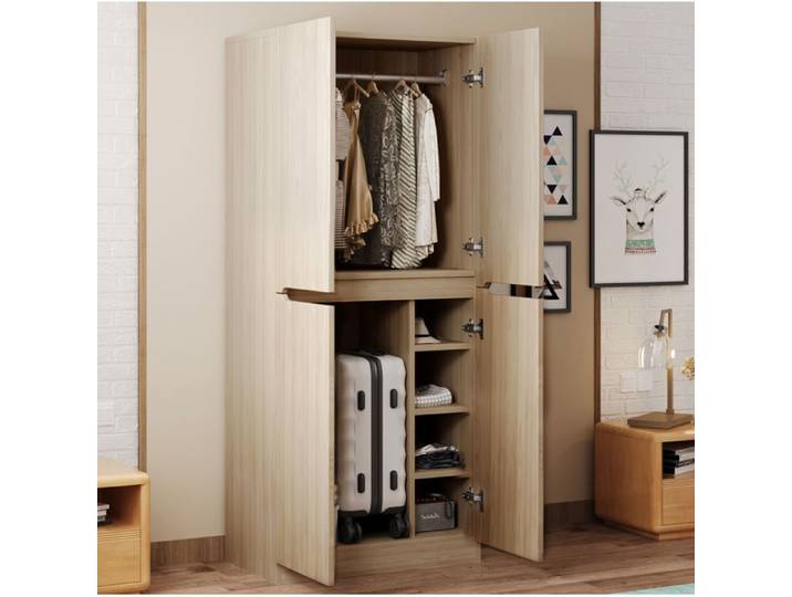 Armoire de Chambre 4 Portes avec Penderie et Compartiments - MEUNIQ - Décor Bois Clair pour Chambre 70×40×170 cm
