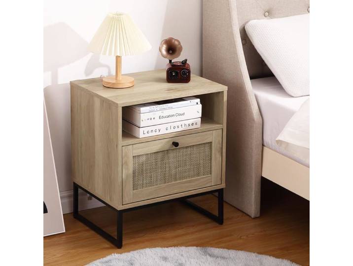 Table chevet rotin table appoint rangement angle moderne bohème décorative chambre salon chêne noir