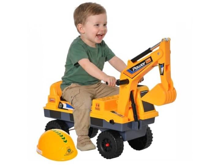 HOMCOM Porteur Enfant Tractopelle 2-3 Ans Pelleteuse Articulée PP Jaune Pince Incluse\, Effets Sonores Lumineux