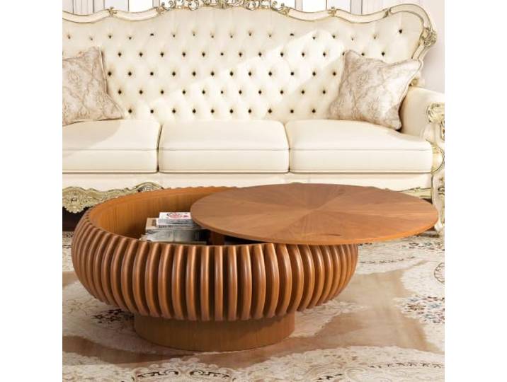 WUPDPQS 31 Runder Trommel Holz Couchtisch mit Stauraum für Wohnzimmer, Holzfurnier Tischplatte & Basis, Handgefertigt Holz Geriffeltem, Modern Runde Kaffeetisch Für kleine Räume