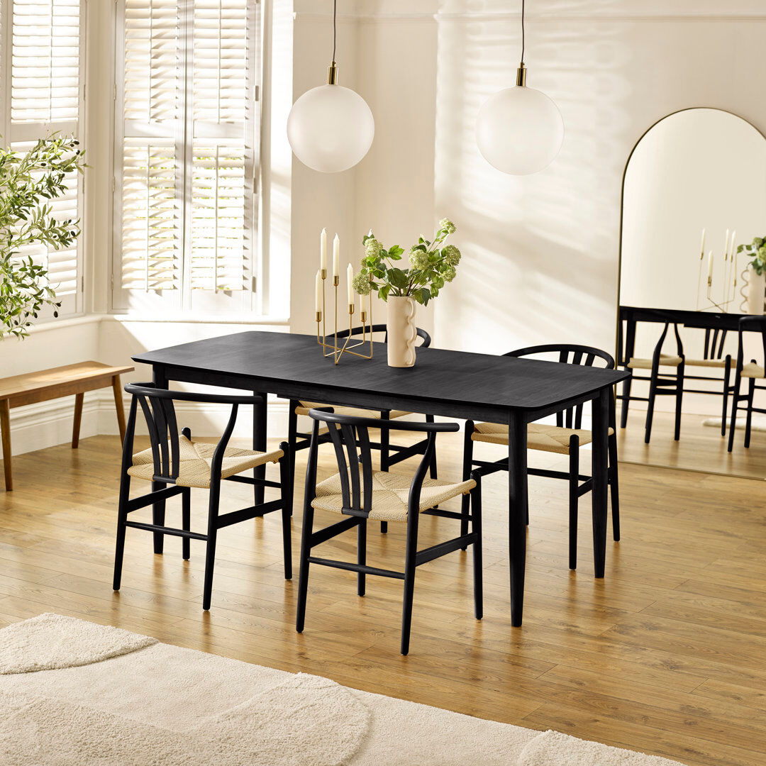 Canora Grey Eriksson Rectangular Solid Wood Extending Table & Carlton Wishbone Dining Chairs - Scandi Inspired Black 4