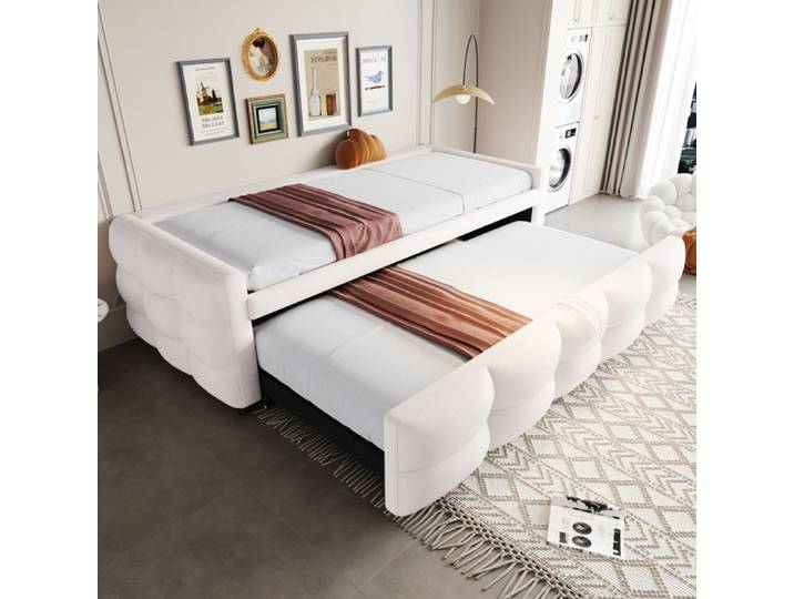 Lit gigogne - ZEVKOR - Lit gigogne 90×190 cm - Sommier à lattes - Tissu teddy beige - Sans matelas