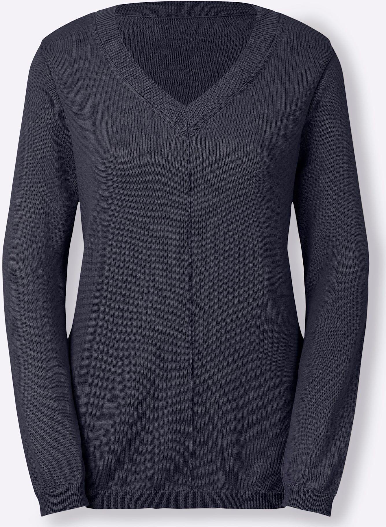 V-Ausschnitt-Pullover INSPIRATIONEN "Pullover", Damen, Gr. 44, blau (marine), 100% Baumwolle, unifarben, Pullover V-Ausschnitt-Pullover marine 44