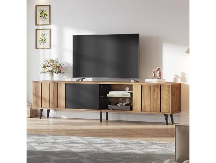 BTM TV lowboard Fernsehschrank, TV Schrank mit 3 Schränken, Schlichter Wohnzimmerschrank mit originaler Holzfarbe + schwarzer Spleiße, Wohnzimmer, für 75-Zoll-Fernseher, 175x31.5x45cm