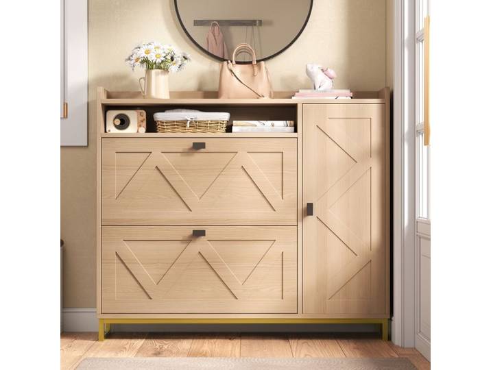 Meuble à chaussures pour entrée armoire à chaussures avec 2 tiroirs rabattables et armoire latérale 110x24x100cm Naturel