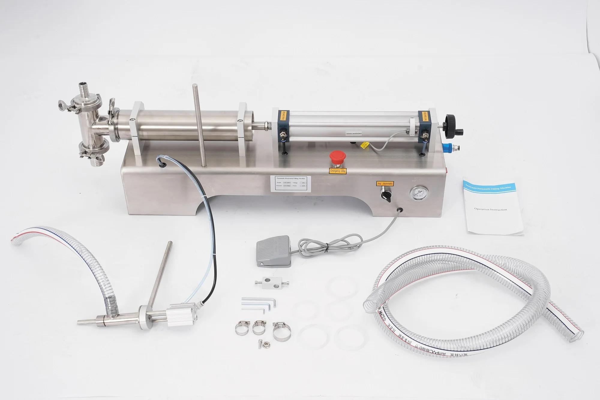 Flüssigkeitsabfüllmaschine - Horizontal pneumatisch, 1 Düse - Füllbereich 100-1000 ml - Geschwindigkeit 40 Flaschen/Min - Automatische Dosierung - AISI 304 Edelstahl - Silber