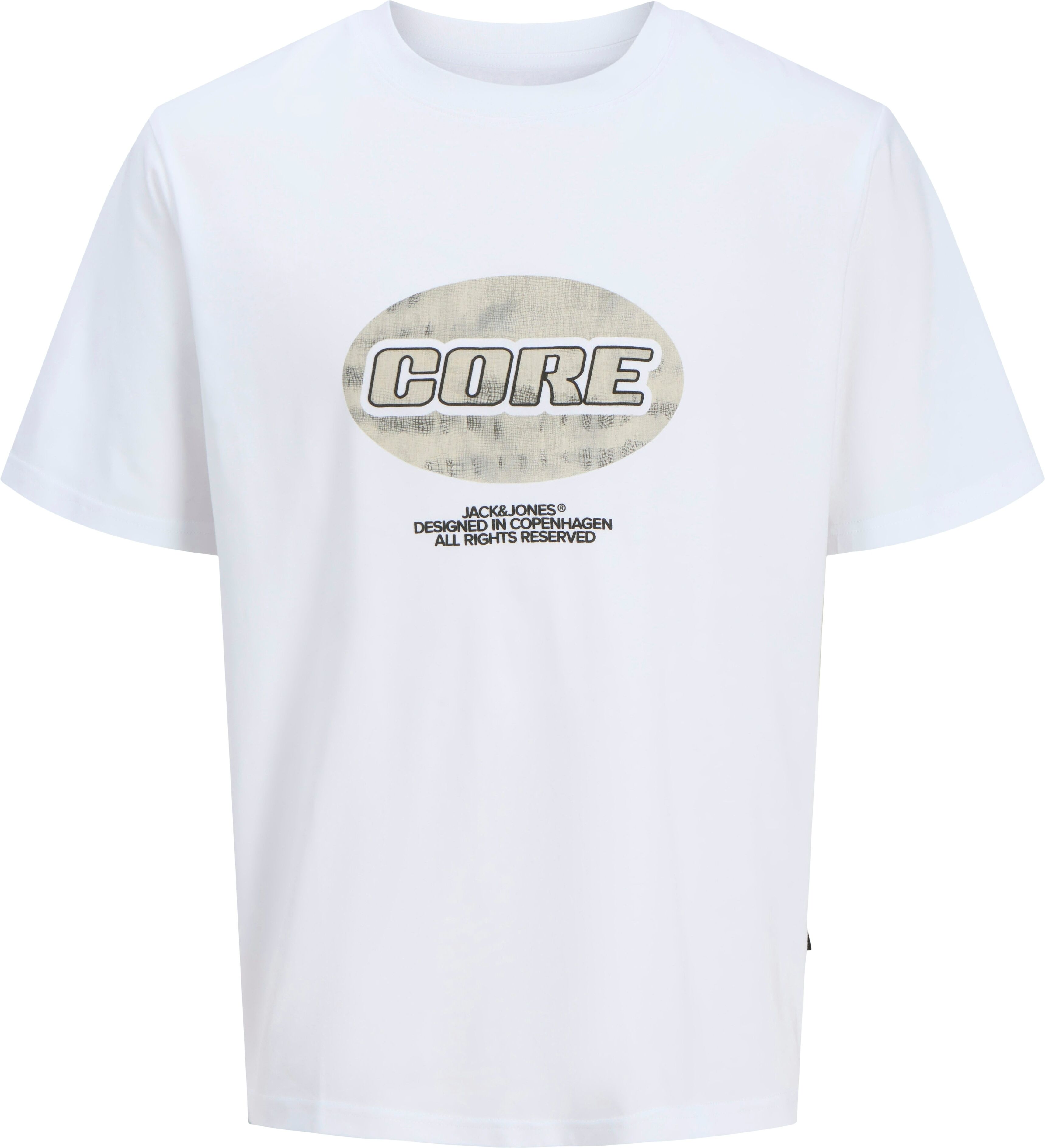 T-Shirt JACK & JONES "JCOLIDO AOP FRONT PRINT TEE SS CREW NECK", Herren, Gr. M, weiss (hellweiß), Jersey, Obermaterial: 100% Baumwolle, bedruckt, regular fit taillenbedeckt, Rundhals, gerader Abschluss, Shirts T-Shirt, mit Frontprint hellweiß M